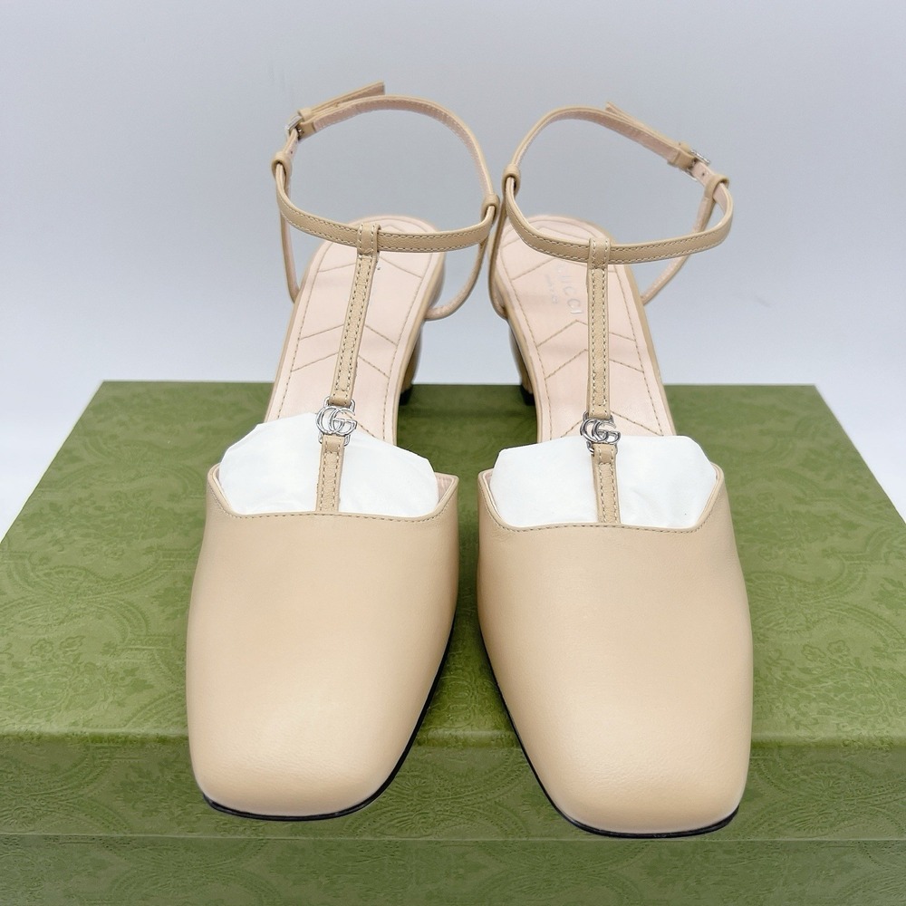 GUCCI DOUBLE G INTERLOCKING LOGO Slingback Heel Pump Wheat Leather EU 39.5 - Picture 4 of 12